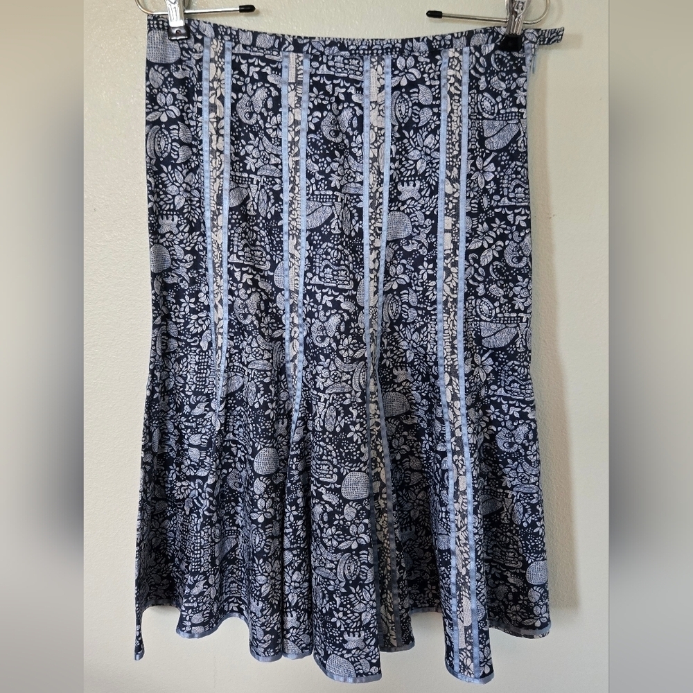 Peruvian Connection Blue Floral Batik Print Ribbon Trim A-Line Skirt size 6